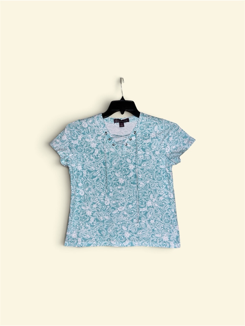 PETITE Small Gloria Vanderbilt Paisley Lace-Up Short Sleeve Top